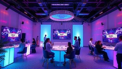 An immersive digital event space showcasing a virtual party setup with interactive elements, virtual attendees, and engaging activities, illustrating the versatility and creativity of virtual event planning services, bringing people together in a virtual world.