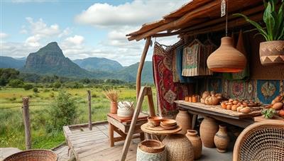 An online marketplace interface displaying a diverse array of handcrafted artisanal products made from sustainable agricultural materials, including unique textiles, pottery, and home decor items, set against a backdrop of natural landscapes and artisan workshops, illustrating the beauty and craftsmanship of eco-artisan creations.