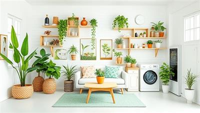 A virtual eco-friendly home setup with sustainable products, indoor plants, and energy-efficient appliances, creating a green living space that embodies the principles and values promoted by GreenLife Academy in its online courses and workshops on sustainable living.