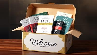 An artistic representation of a beautifully designed subscription box filled with legal books, study guides, legal-themed merchandise, and a personalized welcome note, creating a sense of excitement and anticipation for LegalBox Delivered subscribers.