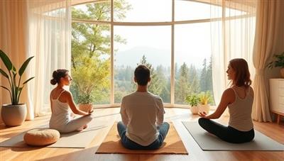 A serene virtual wellness retreat setting with users participating in a guided meditation session, practicing yoga poses, and enjoying virtual nature walks, creating a tranquil and relaxing atmosphere for mindfulness and self-care activities in a digital retreat experience.