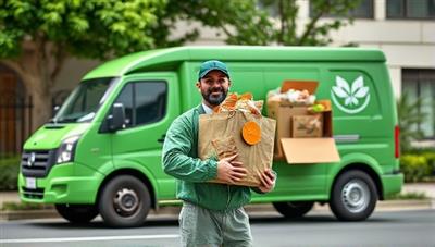 A sustainable food delivery scene featuring a delivery courier with eco-friendly packaging, fresh organic meals from local restaurants, and a green delivery vehicle, symbolizing the commitment to sustainable dining practices and environmentally friendly food delivery services.