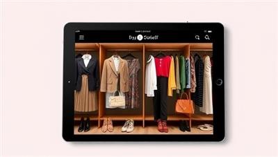 A stylish virtual wardrobe display on a tablet screen showcasing curated outfits, accessories, and color palettes, reflecting a blend of elegance and individuality in fashion styling.