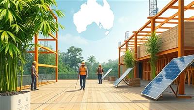 An artistic rendering of a construction site with workers using eco-friendly materials like bamboo flooring and solar panels, surrounded by lush greenery and clean air, symbolizing sustainability and innovation in construction.