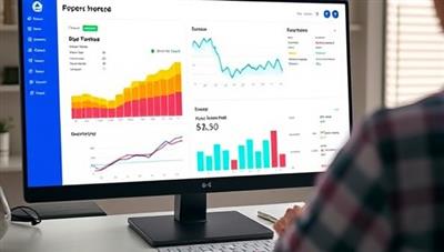 A vibrant digital dashboard displaying financial graphs, budget summaries, and key performance indicators on a computer screen, with a user interacting with the intuitive interface, illustrating the ease of financial analysis with the cloud-based tool.