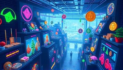 An immersive digital landscape showcasing a diverse array of vibrant in-game assets, collectibles, and virtual currencies floating in a blockchain-powered marketplace, symbolizing transparency, security, and the future of digital asset trading in gaming.