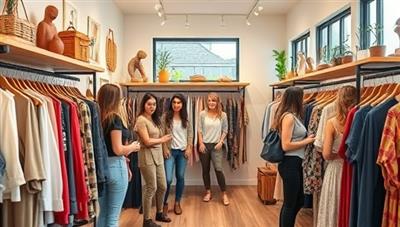 A chic boutique interior with racks of stylish clothing, accessories, and a cozy fitting area, where customers are happily swapping fashion pieces, trying on new outfits, and enjoying the sustainable shopping experience, reflecting a blend of fashion and eco-consciousness.
