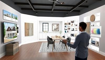 An interactive virtual design studio displaying 3D renderings of home renovation concepts, mood boards, and material samples, with a virtual designer assisting a homeowner in visualizing their renovation project, creating an immersive and collaborative design experience powered by Renovate360+.