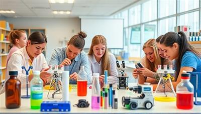 A modern science lab setup with colorful lab equipment, test tubes, microscopes, and robotics kits, with teenagers enthusiastically conducting experiments and collaborating on a STEM project, exuding a sense of discovery and innovation.