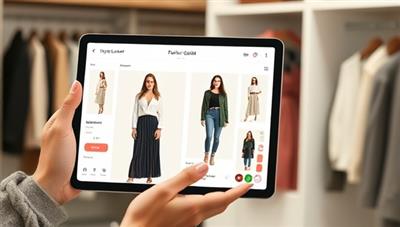 A virtual fashion stylist presenting a digital lookbook of curated outfits and style inspirations, displayed on a tablet, with a virtual closet organizer and color palette selector in the background, symbolizing personalized fashion styling and wardrobe curation.