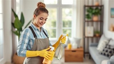 A cleaning professional using eco-friendly products and tools in a modern, stylish home setting, emphasizing the cleanliness and sustainability aspects of the service.