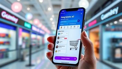 An interactive smartphone screen displaying the ShopGenie AI app, with product recommendations, a chatbot for customer support, and a personalized shopping cart, set against a backdrop of a digital shopping mall, illustrating the futuristic and convenient nature of the AI shopping assistant.