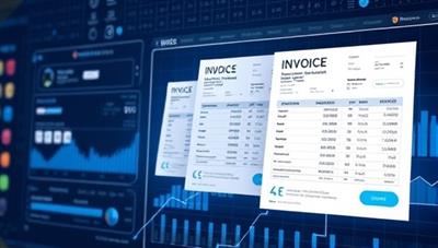 An animated visual of invoices being scanned and processed by AI algorithms, with real-time status updates and financial insights displayed on a digital dashboard, illustrating the efficiency and accuracy of the automation software.