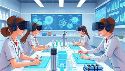 An animated depiction of a virtual science lab environment with students wearing VR headsets, conducting experiments on digital interfaces, surrounded by virtual lab equipment and scientific data displays, illustrating an innovative and engaging learning experience.