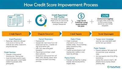 An infographic illustrating the credit score improvement process, from credit report analysis to dispute resolution and score enhancement strategies, conveying a sense of financial empowerment and progress for users.