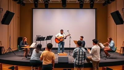 A virtual stage setup with a renowned musician teaching a masterclass to a group of diverse students, each one engrossed in learning and practicing musical techniques, symbolizing the transformative educational experience provided by HarmonyHub.