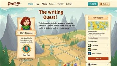 An online platform interface showcasing a fantasy-themed writing quest with character avatars, story prompts, interactive maps, and community forums, inviting users to embark on a literary adventure and collaborate in a visually engaging and immersive storytelling environment.