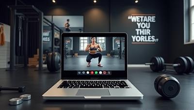 A virtual fitness studio setup with a laptop streaming a live workout session, fitness equipment in the background, and motivational quotes displayed on the screen, creating an immersive and interactive fitness coaching experience for clients.