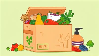 A vibrant digital illustration of a sustainable food delivery box filled with colorful, nutritious meals, fresh vegetables, and compostable packaging, showcasing eco-friendly dining options and farm-to-table sustainability.