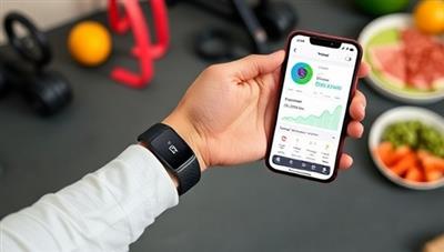 A person wearing a health monitoring wearable device tracking heart rate and activity levels, with a mobile app displaying personalized health insights and activity recommendations, surrounded by fitness equipment and health food, illustrating the proactive and data-driven approach of VitaTrack's health monitoring wearable subscription service.