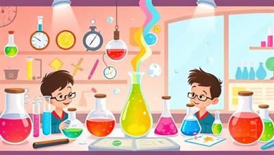 An engaging illustration of a virtual science lab filled with colorful beakers, bubbling chemicals, and interactive tools, with animated characters guiding kids through exciting experiments, fostering a sense of wonder and curiosity for science.