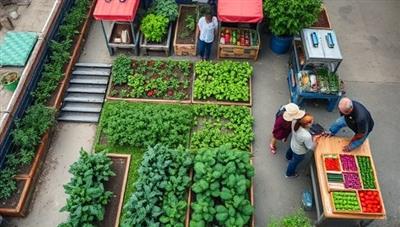 An aerial view of a bustling urban farm co-op space with diverse individuals tending to their crops, children participating in gardening workshops, and a vibrant market selling fresh produce, highlighting the sustainable and community-driven essence of GrowHub Collective.