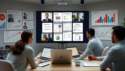 A virtual marketing strategy session where consultants brainstorm creative campaign ideas and digital marketing tactics with a client via video call, surrounded by laptops, marketing charts, and social media engagement metrics, illustrating a dynamic and data-driven marketing approach.