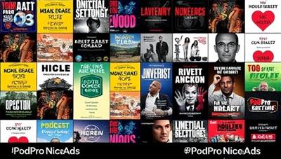 A collection of diverse podcast cover art from various niche genres, displayed in a digital gallery with branding elements of PodPro NicheAds, showcasing the network's specialization in targeted podcast advertising.
