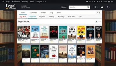 An artistic depiction of a digital library interface showcasing various legal e-book covers on LegalWise Books platform, with titles, authors, and ratings displayed, creating an immersive and informative experience for readers seeking legal knowledge and resources.