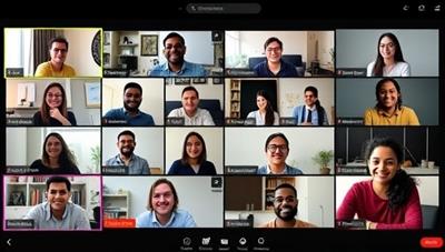 A virtual classroom environment with participants from diverse backgrounds engaging in a live skill-building session led by an expert instructor, showcasing the interactive and collaborative nature of SkillUp Pro's bootcamps.