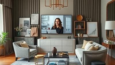 An elegant virtual interior design studio setup with a designer interacting with a client via video call, surrounded by mood boards, fabric swatches, and design samples, creating a sophisticated and collaborative design environment.
