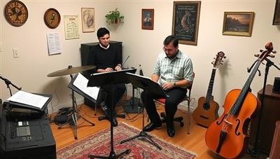 A cozy music studio setup with musical instruments, sheet music, and a student and instructor immersed in a music lesson, creating a harmonious and inspiring learning environment, blending creativity and education.