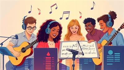 A captivating digital illustration featuring a diverse group of individuals participating in virtual music lessons, with musical instruments, sheet music, headphones, and a digital interface displaying music notes, conveying a harmonious and engaging music education experience.