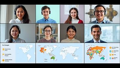 A diverse group of individuals from different cultural backgrounds engaging in a virtual language learning session, each with a headset on and a digital interface displaying language exercises, maps, and cultural trivia.
