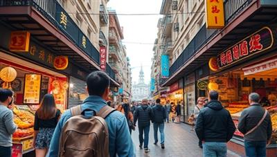 An immersive virtual travel experience showcasing a digital tour guide leading a group of travelers through a vibrant market street in a foreign city, with cultural landmarks, street vendors, and bustling crowds, creating a lively and interactive travel atmosphere.