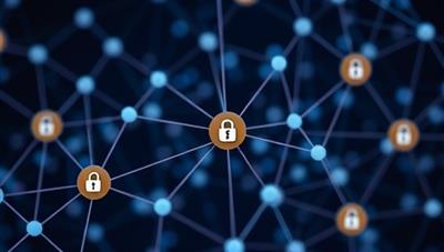 A decentralized network of interconnected nodes representing secure transactions between freelancers and clients on a blockchain-based platform, symbolizing trust and transparency.
