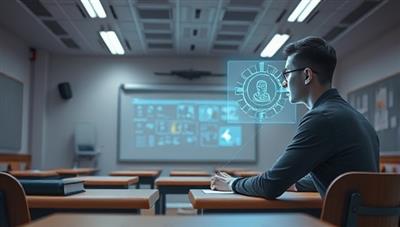 A futuristic classroom setting with a student interacting with a holographic tutor, symbolizing personalized AI tutoring and cutting-edge educational technology.