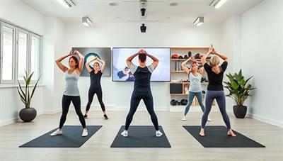 A sleek and modern virtual workout space with a diverse group of individuals exercising together via video call, showcasing convenience and community in virtual fitness coaching.