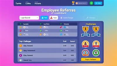 A fun and engaging gamified platform interface displaying a leaderboard of top employee referrers, colorful challenges, and rewards badges, creating a competitive and interactive atmosphere for employee referrals within companies.