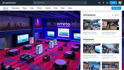 A virtual event platform interface showcasing a digital event hall setup with interactive features, including virtual networking lounges, speaker stages, and sponsor booths, highlighting the engaging and immersive virtual event experience provided by EventVirtuo.
