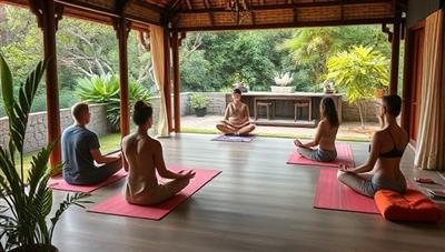 A serene retreat setting with individuals meditating in a tranquil outdoor space surrounded by nature, with soft lighting and calming décor, reflecting the peaceful and rejuvenating atmosphere of ZenSoul Retreats.
