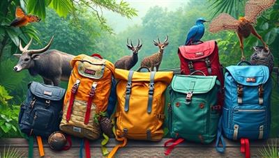 A vibrant and colorful display of eco-friendly adventure packs surrounded by lush greenery and wildlife, symbolizing the harmony between travel and environmental conservation.