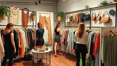 A stylish pop-up boutique setup with racks of sustainable clothing, upcycled accessories, and eco-friendly fashion items, customers browsing through fashionable displays, trying on outfits, and engaging in sustainable fashion discussions, creating a chic and conscious shopping experience.