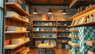 A retail store interior showcasing shelves filled with reclaimed wood, recycled glass tiles, and salvaged fixtures, emphasizing the beauty and sustainability of eco-friendly building materials.
