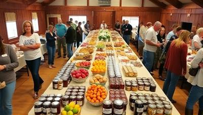 A bustling community hall setup with long tables displaying an array of homemade jams, fresh produce, baked goods, and preserves, as participants chat and exchange culinary delights, creating a vibrant and communal atmosphere at a Harvest Exchange Gatherings event.