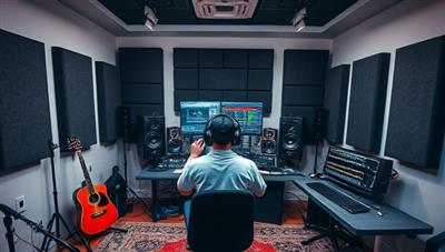 An immersive image of a virtual music production studio setup, showcasing a student working on a track using music production software, surrounded by musical instruments, studio monitors, and soundproofing panels, capturing the essence of creativity and musical exploration.