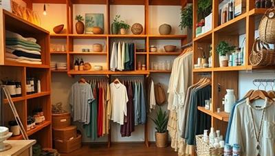 A cozy, well-lit boutique space with wooden shelves displaying beautifully crafted, eco-friendly products like upcycled clothing, organic skincare, and handmade accessories, creating a peaceful and earthy atmosphere.
