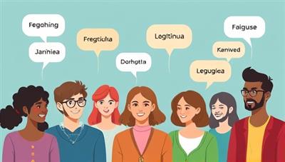 An illustration of diverse avatars engaging in a virtual language learning session, with speech bubbles containing different languages, symbolizing cultural exchange and communication.