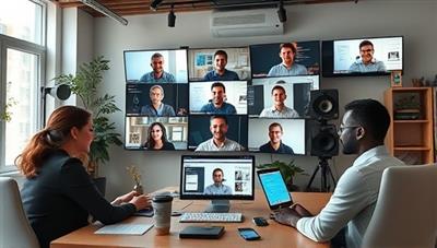 An engaging virtual workspace environment with telecommunication freelancers collaborating on projects through video calls, messaging platforms, and shared documents, showcasing the platform's dynamic and flexible approach to remote work opportunities.