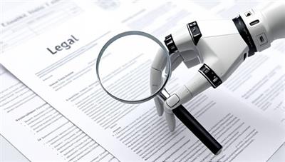 An artistic representation of a robotic hand holding a magnifying glass over legal documents, symbolizing precision and advanced technology in document review.